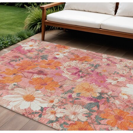 Homeroots 10' X 14' Blush Pink And Orange Floral Washable Indoor Outdoor Area Rug 611191