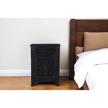 Homeroots 30" Black Solid Wood Distressed One Drawer Nightstand 521199