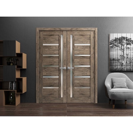 Sartodoors Solid French Double Doors Frosted Glass Oak 64x84 (2* 32x84) Solid Core Modern Interior QUADRO4088DD-AKA-6484