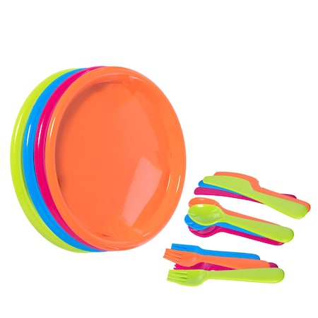 Basicwise Reusable Cutlery Set (1 of Green, Pink, Blue, Orange) Plastic Plates, Spoons, Forks and Knives QI003831.4