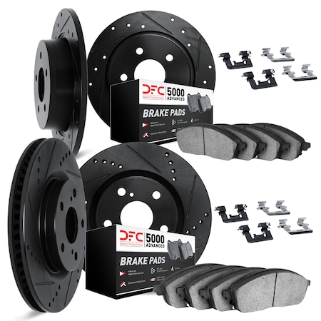 Dynamic Friction Co DFC Brake Rotor - Drilled & Slotted - Black w/5000 Brake Pads & HW Kit 8514-54034