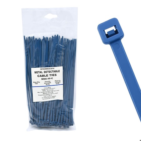 Cable Ties Unlimited Metal Detectable Cable Tie, 8 in L, 40 lb Strength, 2.2 in Max Bundle Dia, Nylon 6/6, Blue, 100PK MD8-40-C