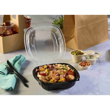 Sabert 8 x 8 Hinged Square Container Black Base w/ Clear Lid 38.9 oz 1000728