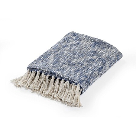 Homeroots 50" X 60" Blue and White Woven Cotton Throw Blanket with Fringe 516535