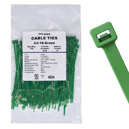 Cable Ties Unlimited Cable Tie, 4 in L, 18 lb Strength, 1 in Max Bundle Dia, Nylon 6/6, Green 100PK   C4-18-Green