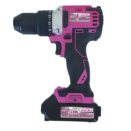 The Original Pink Box 20-Volt Lithium-Ion 1?2-Inch Keyless Chuck Brushless Cordless Drill, with 2Ah Battery, Pink PB20VLID_2Ah_CHRGR