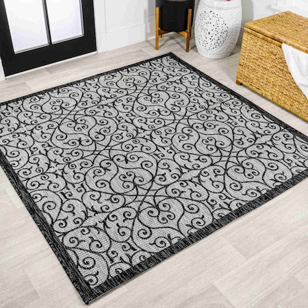 Jonathan Y Madrid Vintage Filigree Textured Weave Light Gray/Black 8 ft Square Indoor/Outdoor Area Rug SMB107E-8SQ