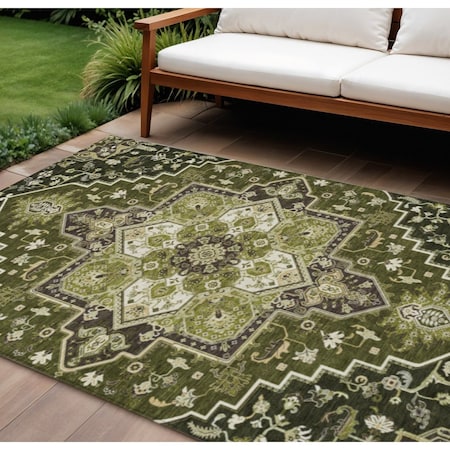 Homeroots 8' X 10' Olive Green Ivory And Brown Oriental Washable Indoor Outdoor Area Rug 600177