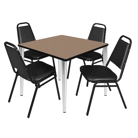 Regency Square Kahlo Breakroom Table W/ 4 Restaurant Stack Chairs, 42 in W, 42 in L, Noble Oak TPL4242NOCM29BK