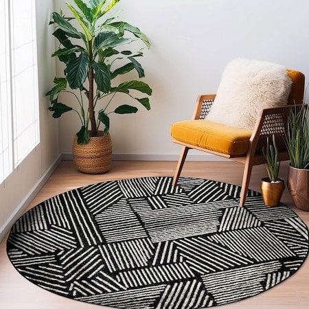 World Rug Gallery Contemporary Boho Stripes Non Shedding Soft Area Rug 6 ft Round Black 396BLACK6RND