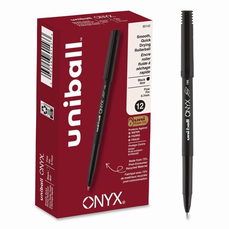Uni-Ball ONYX Stick Roller Ball Pen, Fine 0.7mm, Blk Ink, Blk Barrel, PK12 60143