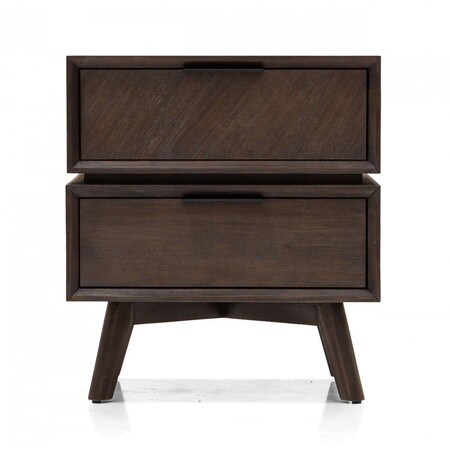 Homeroots Mid Century Acacia Nightstand with Two Drawers and Black Metal Handles 473027