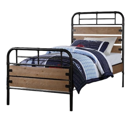 Homeroots Black And Oak Shiplap Texture Wood and Metal Twin Bed Frame 285582