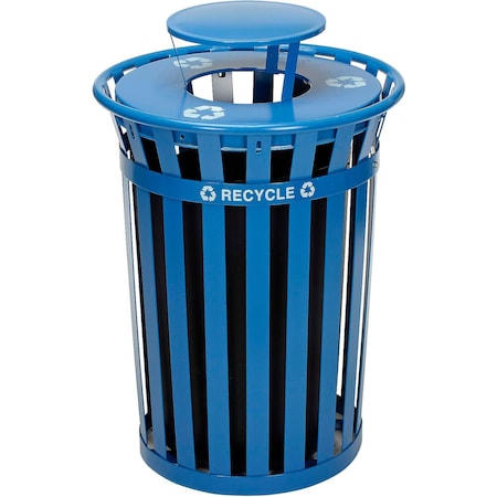 Global Industrial Outdoor Steel Slat Recycling Trash Can, Rain Bonnet Lid, 36 Gallon, Blue B3178688