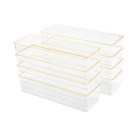 Martha Stewart Kerry 8 Pack Plastic Stackable Office Desk Drawer Organizers with Gold Trim, 9 x 3 BE-PB9050-G-8-CLRGLD-MS