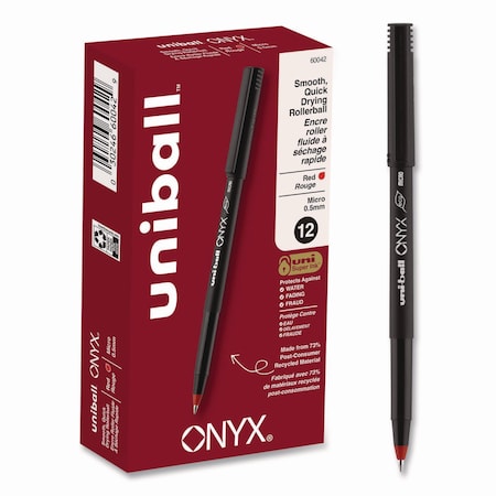 Uni-Ball ONYX Stick Roller Ball Pen, Micro 0.5mm, Red Ink, Black Barrel, PK12 60042
