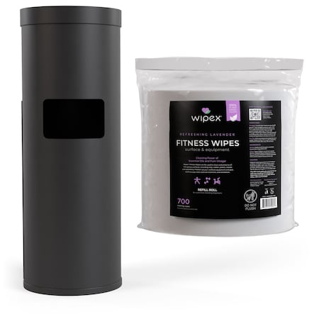 Wipex Plant-Based Lavender Fitness Wipes 700ct Bundle, 1 Refill Roll + Black Floor Dispenser w/ Trash Can WX72223BFD1LARP