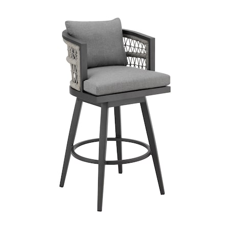 Armen Living Zella Outdoor Patio Swivel Bar Stool in Aluminum with Light Gray Rope and Earl Gray Cushions LCZESWBAGRY30