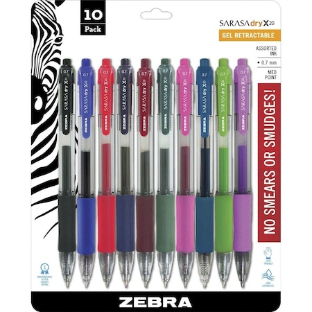 Zebra Pen Sarasa Dry Gel X20 Gel Pen, Retractable, Medium 0.7 mm, Assorted Ink and Barrel Colors, PK10 46881