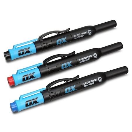 Ox Tools Pro 3-Pack Clog Free Construction Marker, Black, Red and Blue OX-P636005