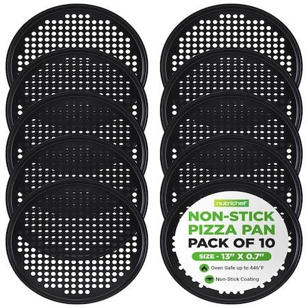 Nutrichef Nonstick 13 in Pizza Pan (Set of 10), Perforated Round Pizza Tray for Oven, Commercial-Grade Carbon BKNCBS10SPZPX10