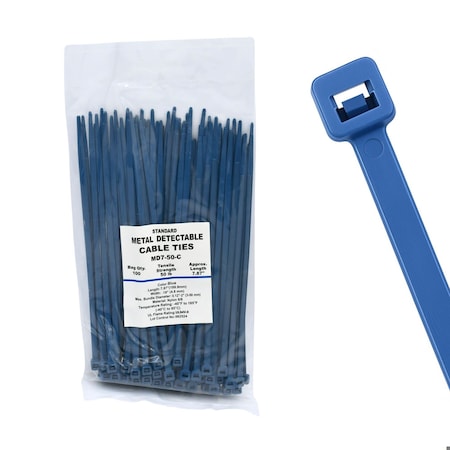 Cable Ties Unlimited Metal Detectable Cable Tie, 7 in L, 50 lb Strength, 1.7 in Max Bundle Dia, Nylon 6/6, Blue, 100PK MD7-50-C