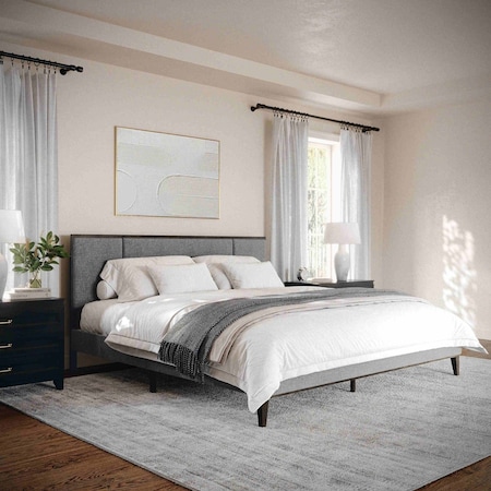 Martha Stewart Jett King Size Solid Wood Platform Bed w/Upholstered Base/Inset Paneled Headboard, Brown Gray/Gray MG-0900271F-K-BRN-GY-MS