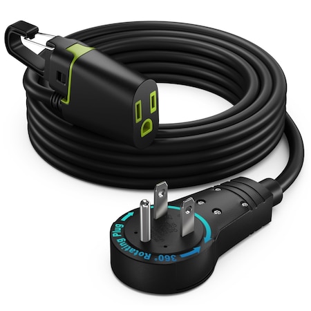 Maximm 15ft 16AWG 360 degrees Flat Plug Extension Cord w/ Hook, Indoor UL, Black ADW-360-31H15-BK