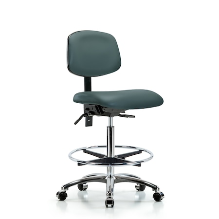 Blue Ridge Ergonomics Chair, Vinyl, Hi Bench, Chr CF Casters, Blu, No Arms, 26" to 35-1/2" Height, Colonial Blue BR-VHBCH-CR-T0-A0-CF-CC-8546