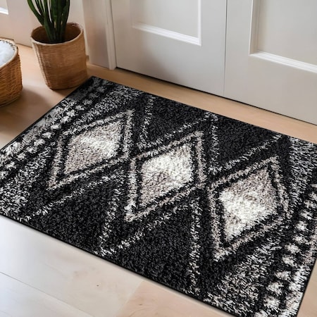 World Rug Gallery Geometric Grid Pattern Shag Area Rug 2 ft x 3 ft Anthracite WR129ANTHRACITE2X3