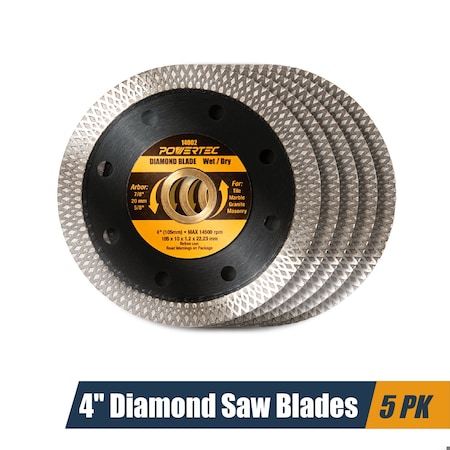 Powertec 4in Diamond Saw Blades for Handheld Tile Saw & Angle Grinder, Super Thin Turbo Mesh Rim, 5PK 14002-P5