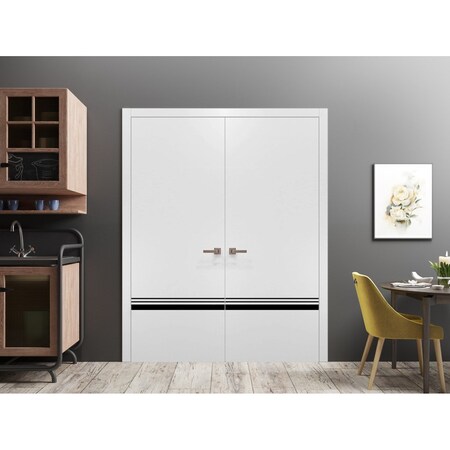 Sartodoors Solid French Double Doors, Planum 0012 White Silk and Aluminum Strips, Wood Solid Panel Frame Trims PLANUM0012DD-WS-60