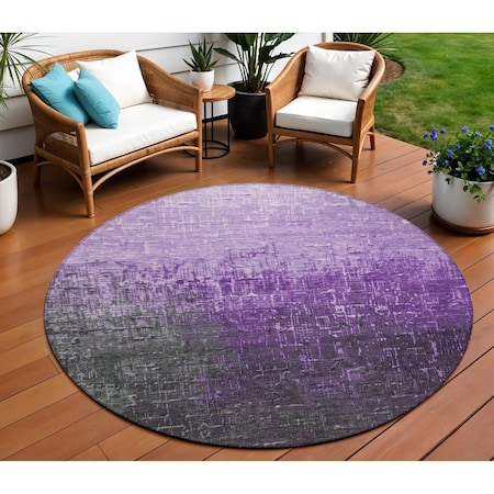 Homeroots 8' Purple And Dark Gray Round Ombre Washable Indoor Outdoor Area Rug 602895