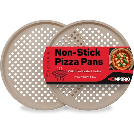 Emporio Kitchen Non-Stick Pizza Pan, 13in Carbon Steel, Perforated, White Marble Coating, Oven Safe, 2PK EKPIZP22WHTX