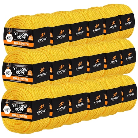 Xpose Safety 1/2in x 100 ft Twisted Polypropylene Rope, Yellow, 18PK YPR12-100-18-X