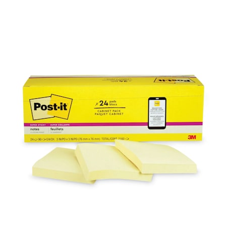 Post-It Note, 3"x3", Supr-stikie, Canary, PK24 654-24SSCP
