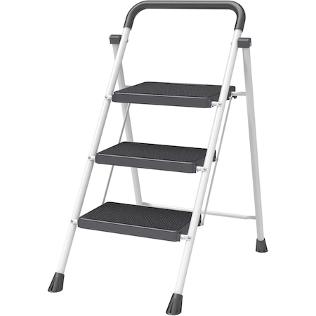 Campior White 3-Step Foldable Stool, Heavy-Duty, 500 lbs Capacity, Anti-Slip, Steel Frame, Space-Saving Design DRIB3STPWH