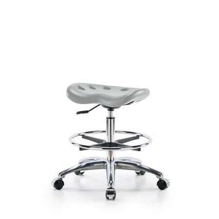 Blue Ridge Ergonomics Poly Tractor Stool Chrome - Medium Bench Height with Chrome Foot Ring & Chrome Casters in Gray Poly PTMBSL-CR-CF-CC-GRY