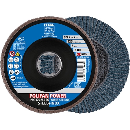 Pferd 5'' X-LOCK POLIFAN Flap Disc - Z SG POWER STEELOX, Zirconia, 80 Grit, Conical 60780