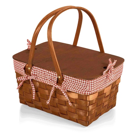 Picnic Time Family Of Brands Kansas Handwoven Wood Picnic Basket, Red & White Gingham Pattern 350-01-300-000-0