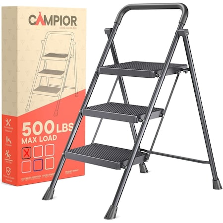 Campior Black 3-Step Foldable Stool, 500 lbs Cap., Anti-Slip Feet, Steel Frame, Space-Saving for Home and More DRIB3STPBK