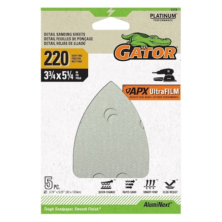 Gator Mouse Sander Abrasive Sheet, 5-1/4 in L, 3-3/4 in W, Very Fine, 220 Grit, Aluminum Oxide Abrasive 5174
