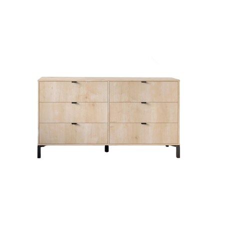 Homeroots 59" Light Natural Manufactured Wood with Black Six Drawer Double Dresser 490828