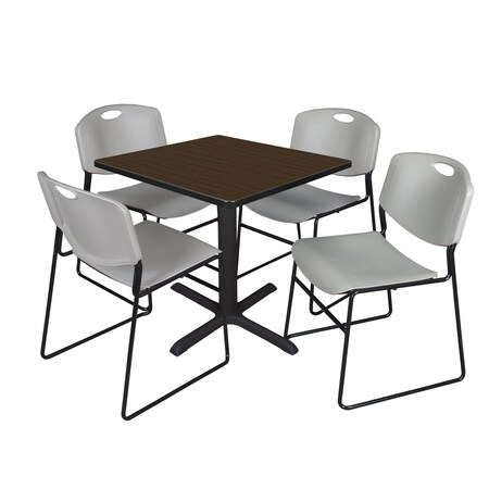 Regency Square Cain Breakroom Table W/ 4 Zeng Stack Chairs, 30 in W, 30 in L, Neo Walnut TB3030NW44GY
