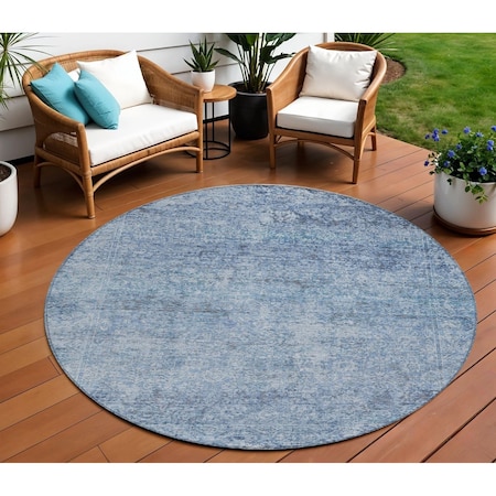 Homeroots 8' Blue And Ivory Round Abstract Washable Indoor Outdoor Area Rug 631589