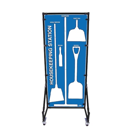5S Supplies Housekeeping Shadow Board Broom Station V5, Blue / White Shadows, Kit HSB-V5-BLUE/WHITE-KIT