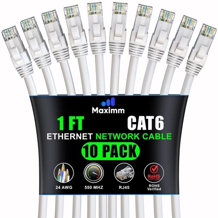 Maximm Cat6 Ethernet Cable 1ft 10Gbps 550MHz UTP, 10PK, White, 10PK CAT6CCA-1WH-10PK