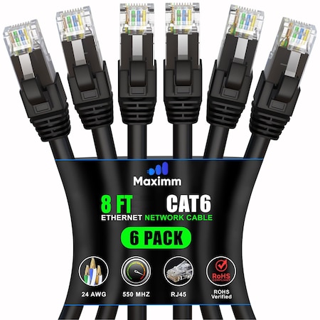Maximm Cat6 Ethernet Cable 8ft 10Gbps 550MHz UTP, 6PK, Black, 6PK BK6PK10