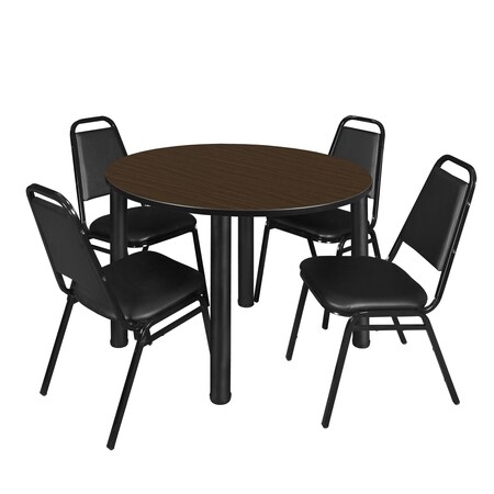 Regency Round Kee Breakroom Table W/ 4 Restaurant Stack Chairs, 48 in W, 48 in L, Neo Walnut TB48RNDNWBPBK29BK