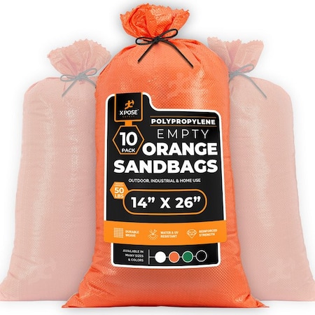 Xpose Safety Woven Orange Polypropylene Sandbags, 14x26 in, 50 lb Capacity, Reusable Flood Protection, 10PK SBO-1426-10-X